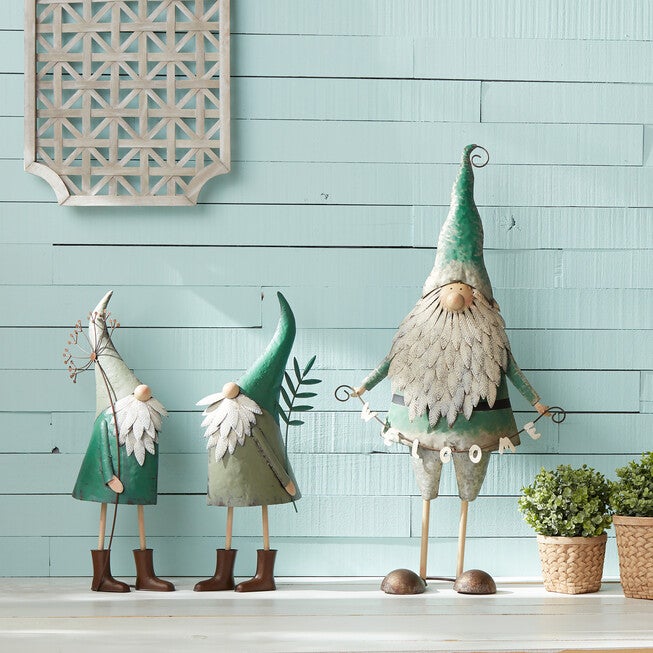 Iron Metal Standing Garden Gnome With Flower (Set Of 2), , on-hover image number null