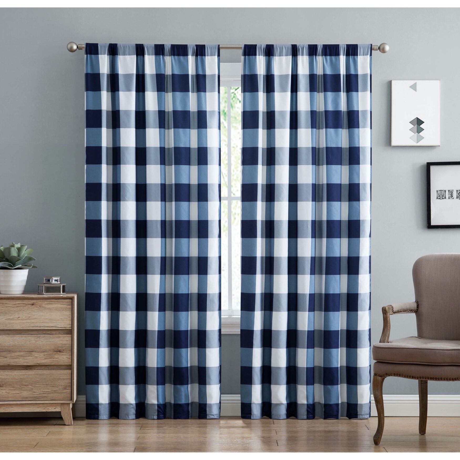 Everyday Buffalo Plaid Drapes, NAVY BLUE, hi-res image number 0