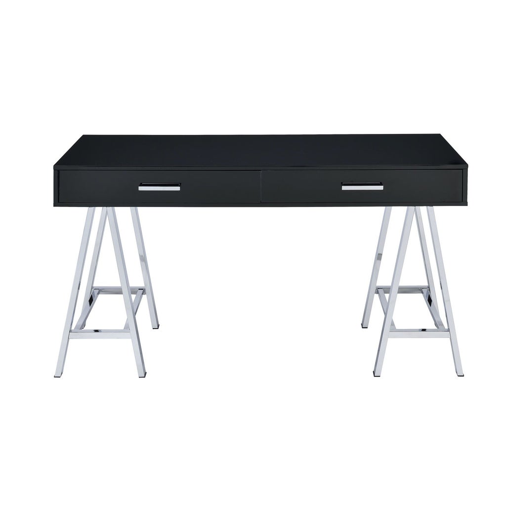 Black desk with two drawers on silver trestle legs, front view