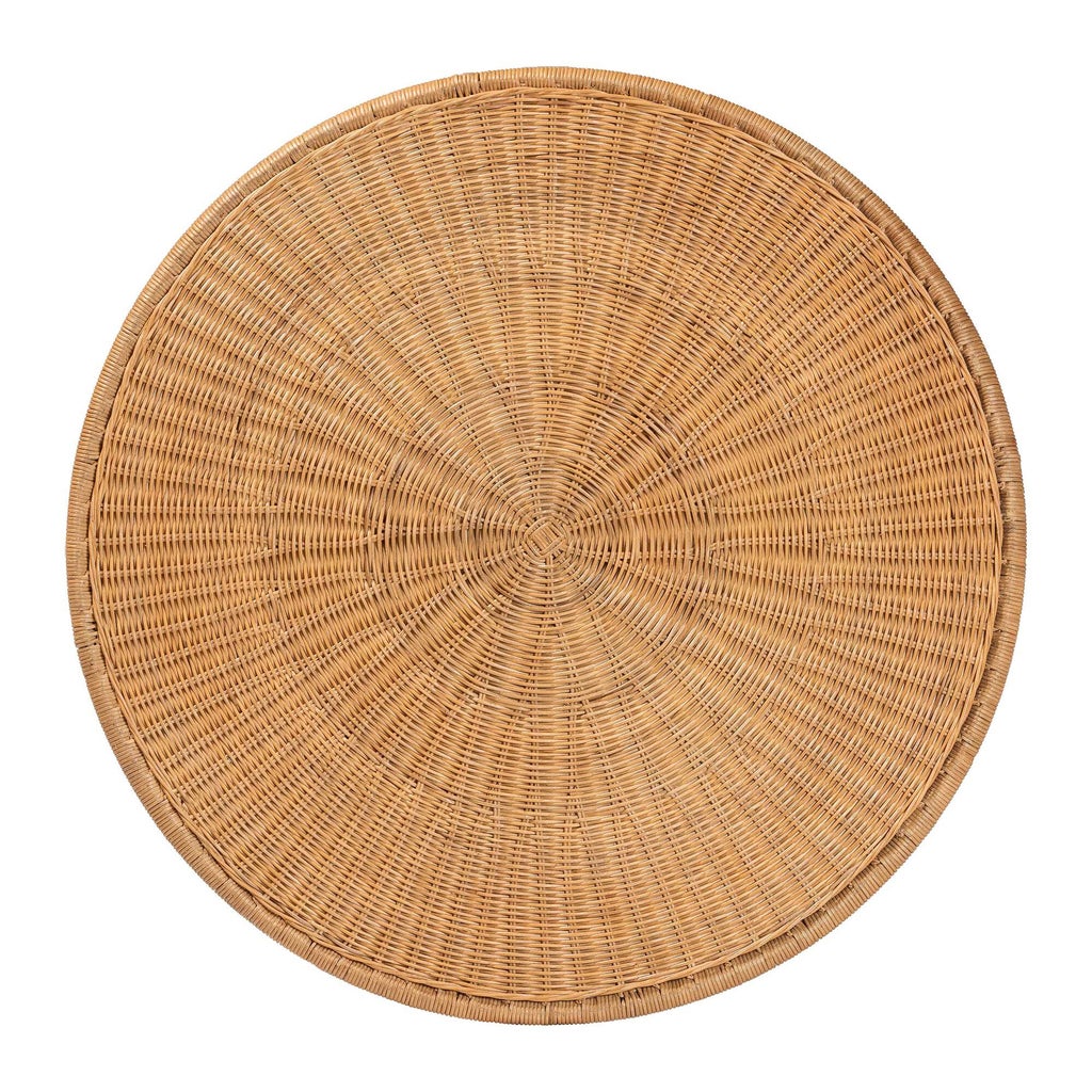Top-down view of woven rattan table surface