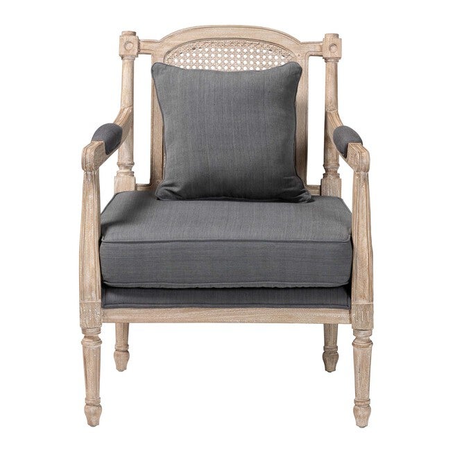 Clemence French Provincial Grey Fabric Whitewashed Mahogany Wood Armchair, GREY/WHITEWASHBROWN, alternate image number null