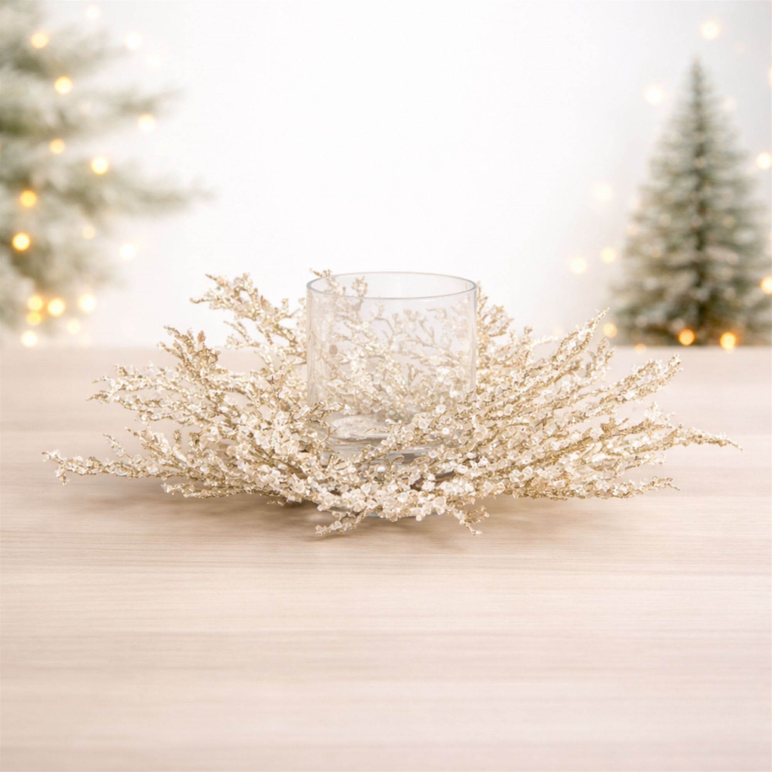 Icy Pine Candle Holder Centerpiece 16 inchesD, GOLD, alternate image number 1
