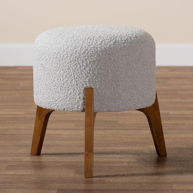 Elkie Japandi Cream Boucle Fabric And Walnut Brown Finished Wood Ottoman Footstool, , alternate image number null