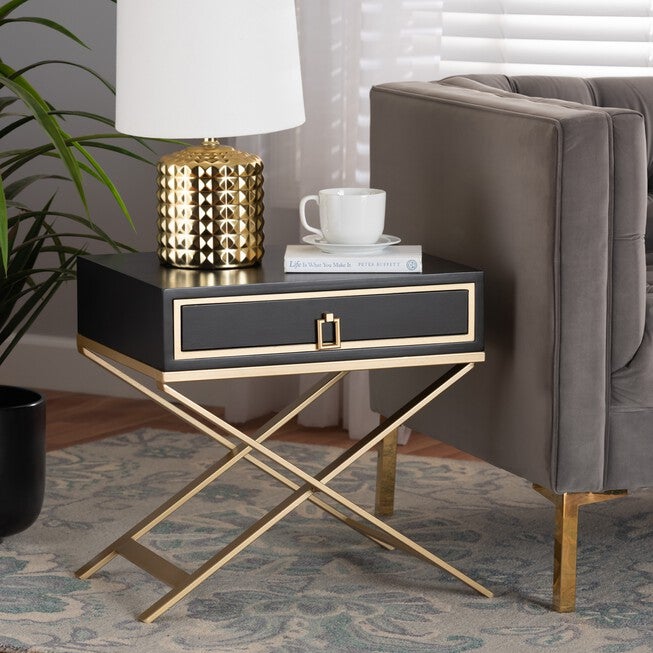 Lilibet Modern Glam And Luxe Black Finished Wood And Gold Metal 1-Drawer End Table, , alternate image number null