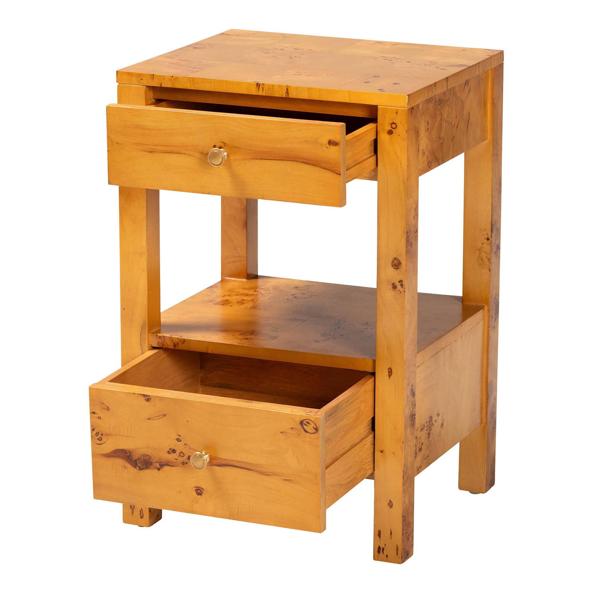 Azmi Modern and Contemporary Natural Light Mappa Real Burl Wood 2-Drawer Nightstand, BURL, alternate image number 2