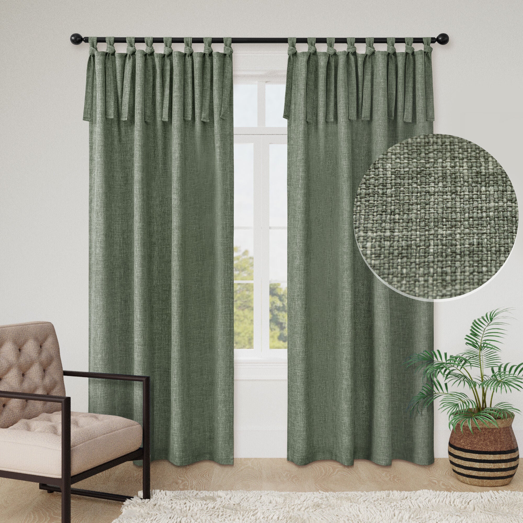 Knot Tie Top Light Filtering Panel Pair, SAGE, hi-res image number 0