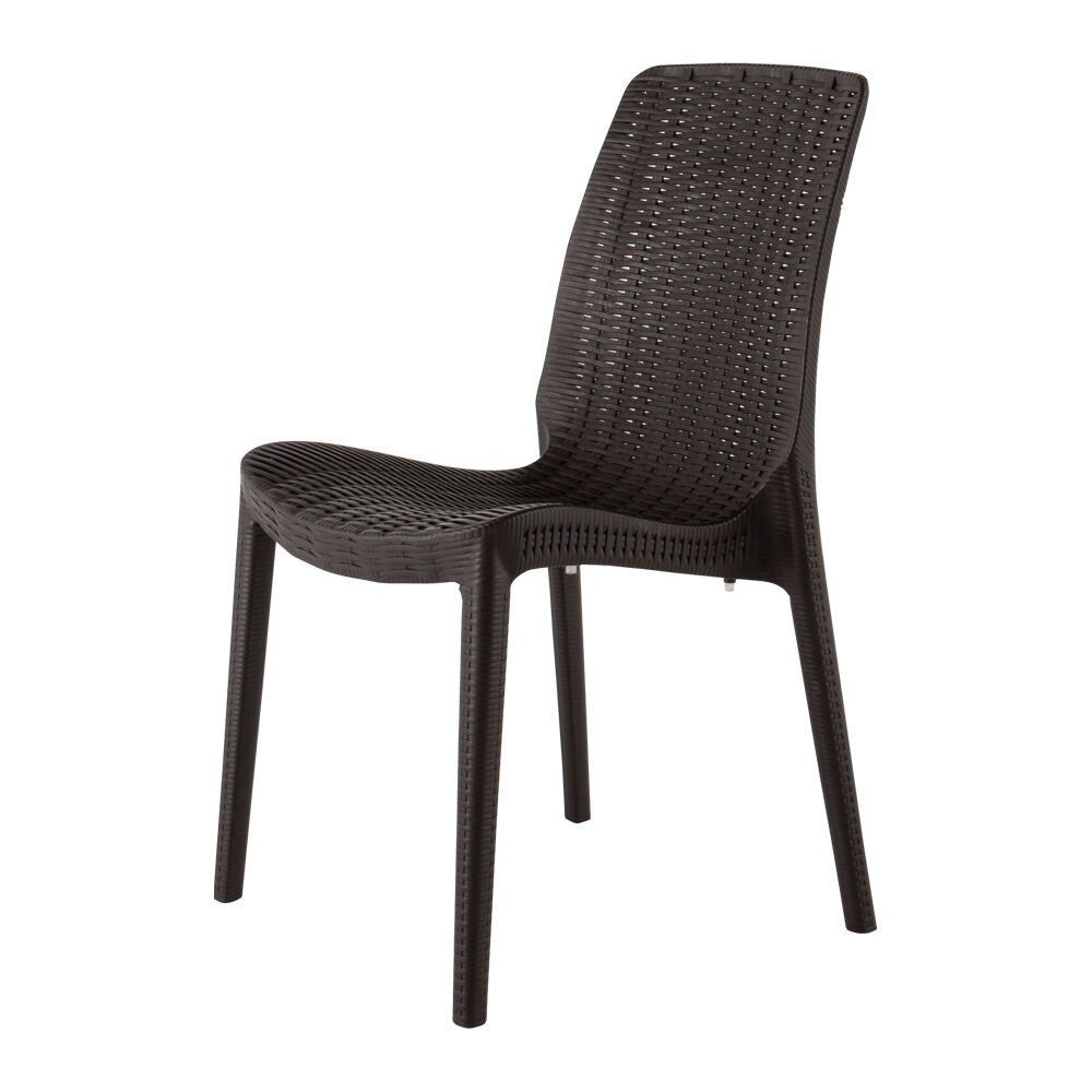 Dark brown stackable outdoor dining chair side view