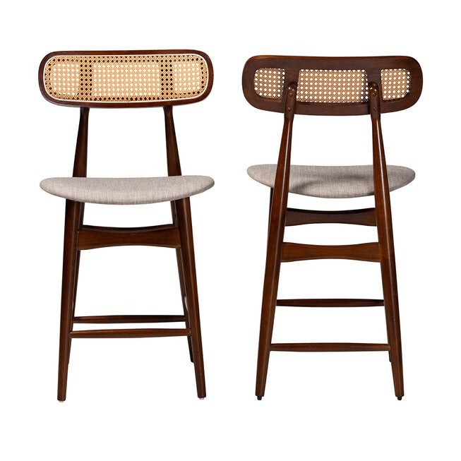 Tarana Mid-Century Modern Grey Fabric And Walnut Brown Finished Wood 2-Piece Counter Stool Set, , on-hover image number null