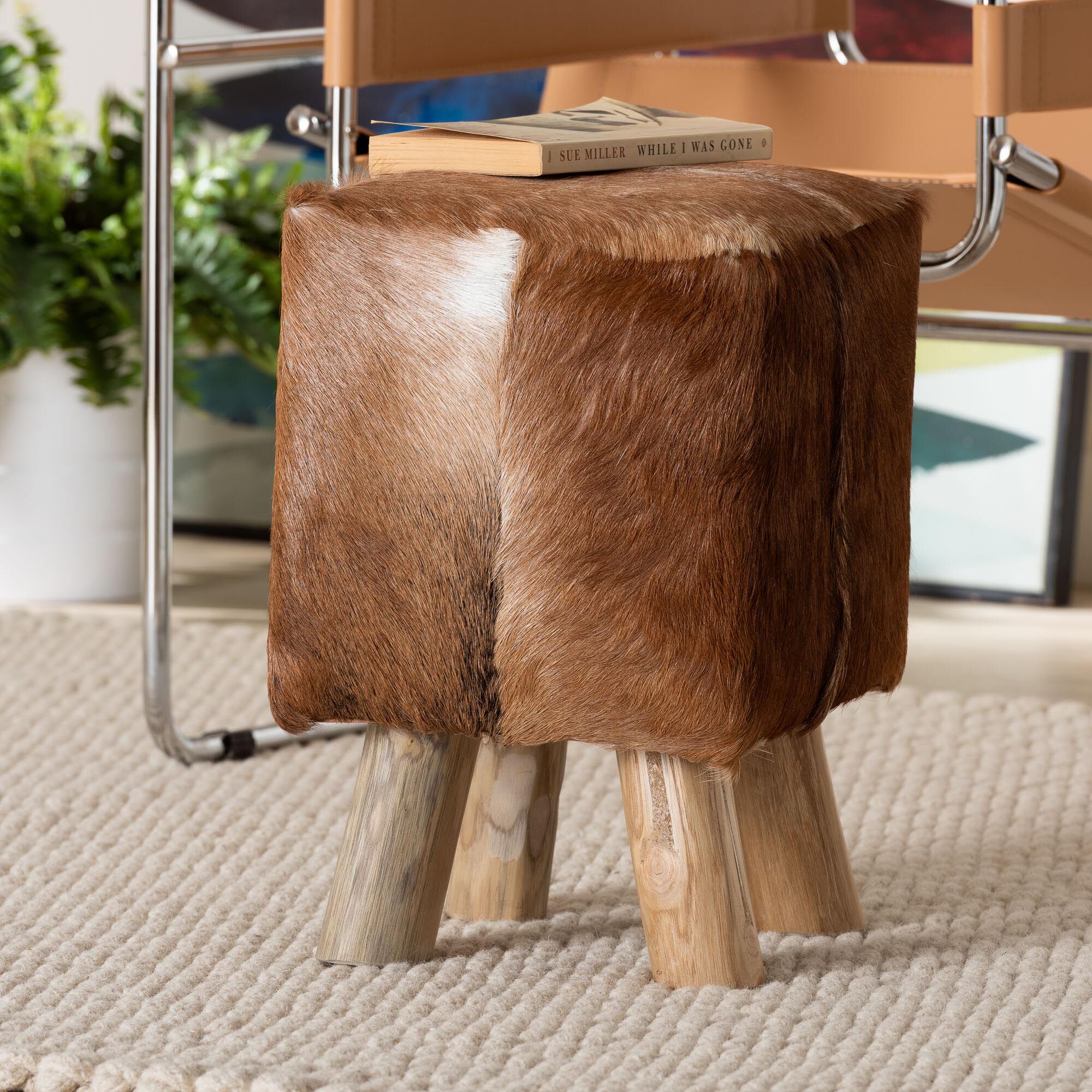 Scotlyn Genuine Goat Leather Footstool, BROWN, hi-res image number 0