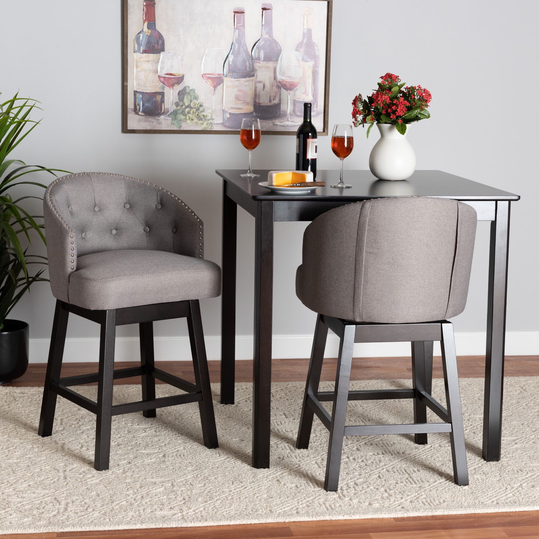 Theron Mid-Century Transitional Black Faux Leather and Espresso Brown Finished Wood 2-Piece Swivel Counter Stool Set, , alternate image number 29