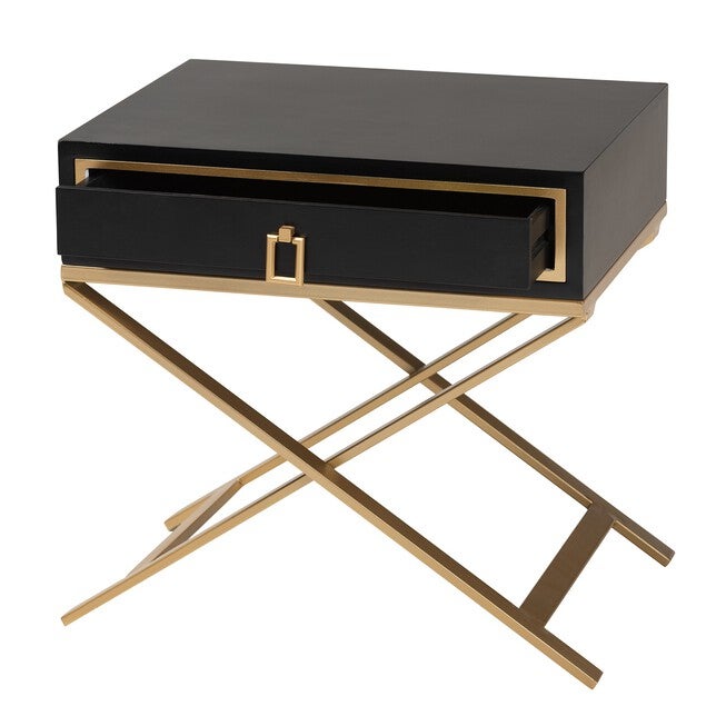 Lilibet Modern Glam And Luxe Black Finished Wood And Gold Metal 1-Drawer End Table, , alternate image number null