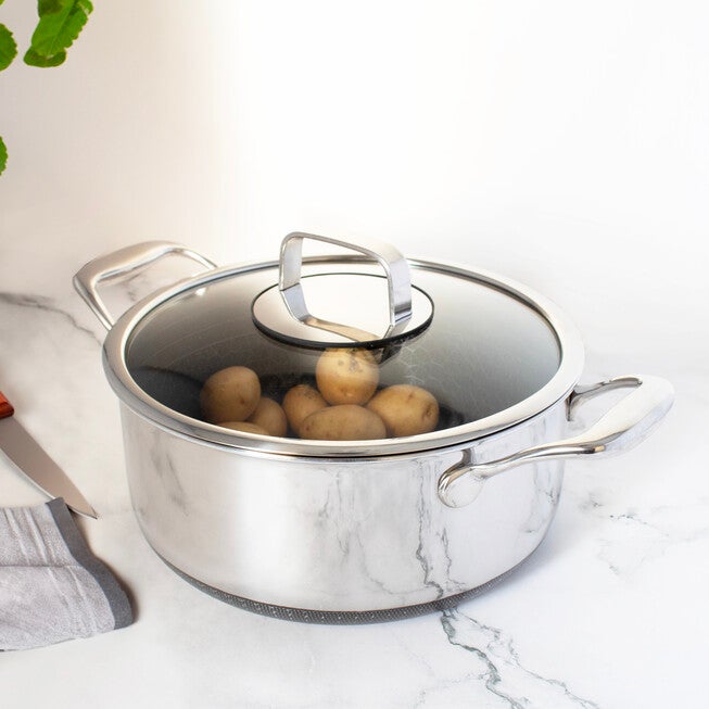 LIVWELL DiamondClad™ 6 Quart Hybrid Nonstick Stainless Steel Stock Pot and Lid, Dishwasher Safe, PFOA-free – Silver/Black, SILVER, on-hover image number null