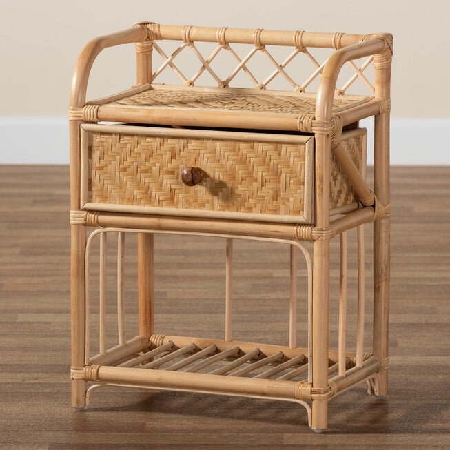 Kobie Modern Bohemian Natural Brown Rattan 1-Drawer Nightstand, , alternate image number null