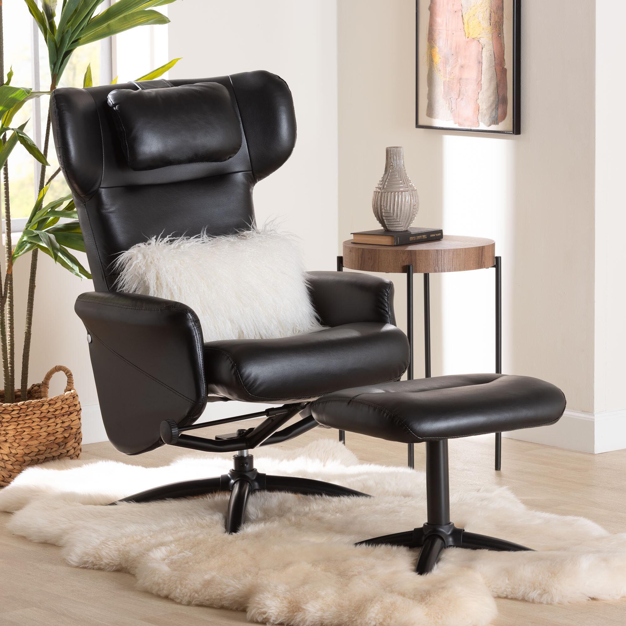 Elwood Modern Brown Faux Leather 2-Piece Lounge Chair and Footrest Set, BLACK, hi-res image number 0
