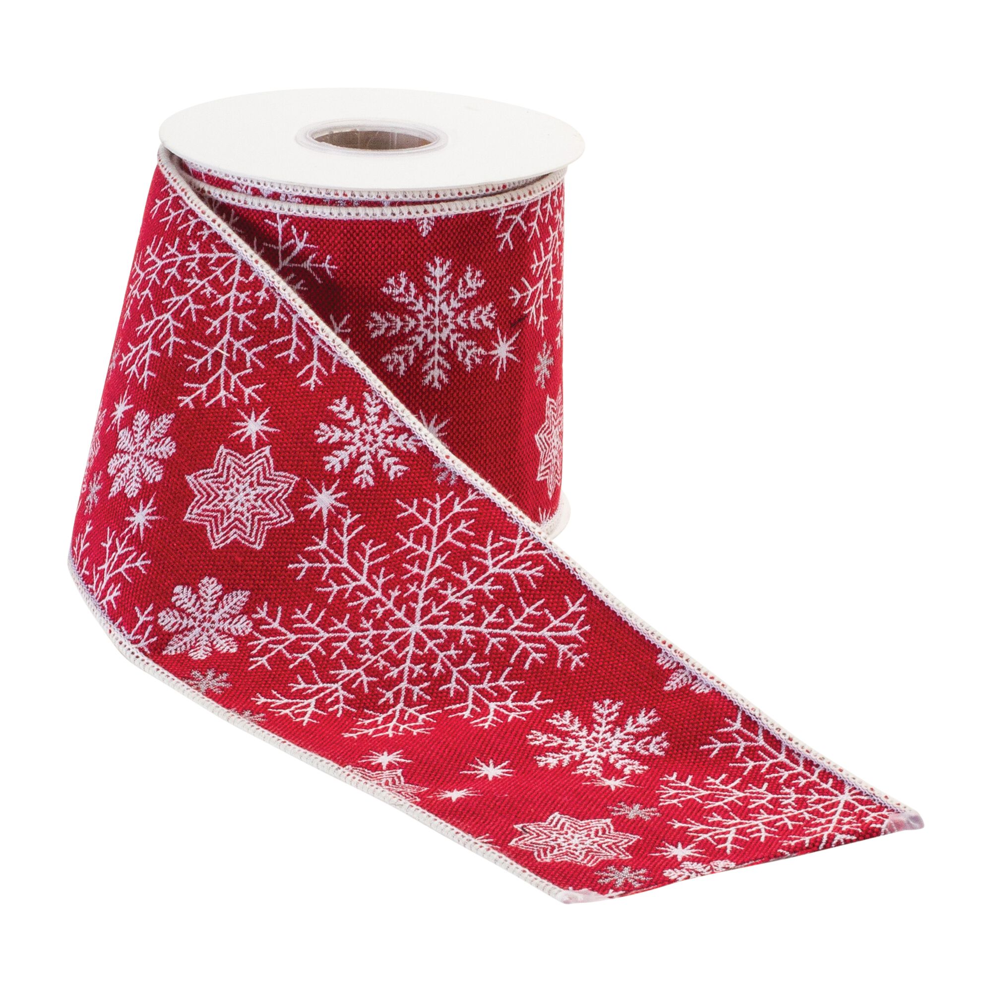 Festive Snowflake Ribbon 4 inches x 5 yds., RED WHITE, alternate image number 1