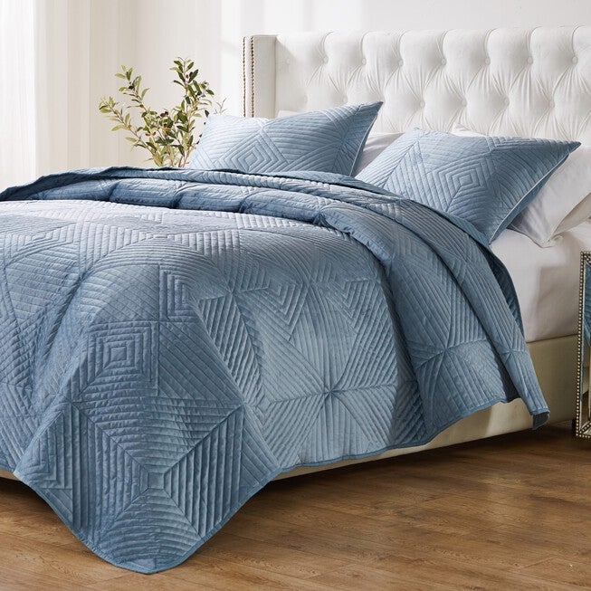 Riviera Velvet Finely Stitched Modern Quilt Set, Red, 3-Piece King, SPA BLUE, alternate image number null