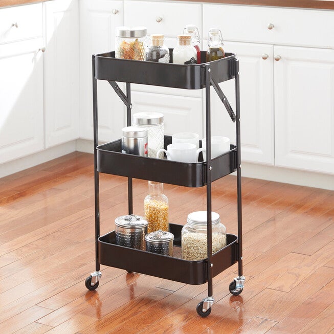 3-Tier Foldable Rolling Cart, BLACK, hi-res image number 0