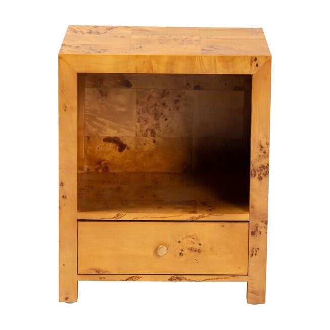 Camira Modern and Contemporary Natural Light Mappa Real Burl Wood 1-Drawer Nightstand, LIGHT MAPPA BURL, alternate image number 3