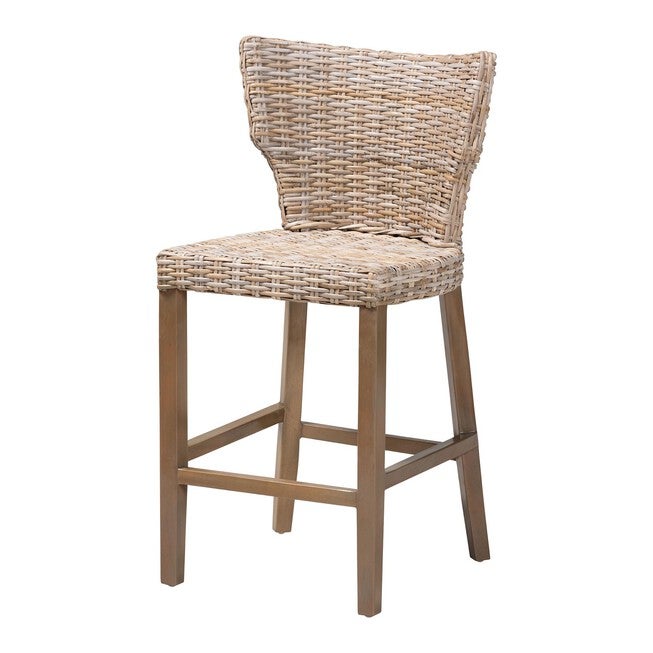Enver Modern Bohemian Grey Kubu Rattan And Mahogany Wood Counter Stool, GREY TAUPE, hi-res image number 0