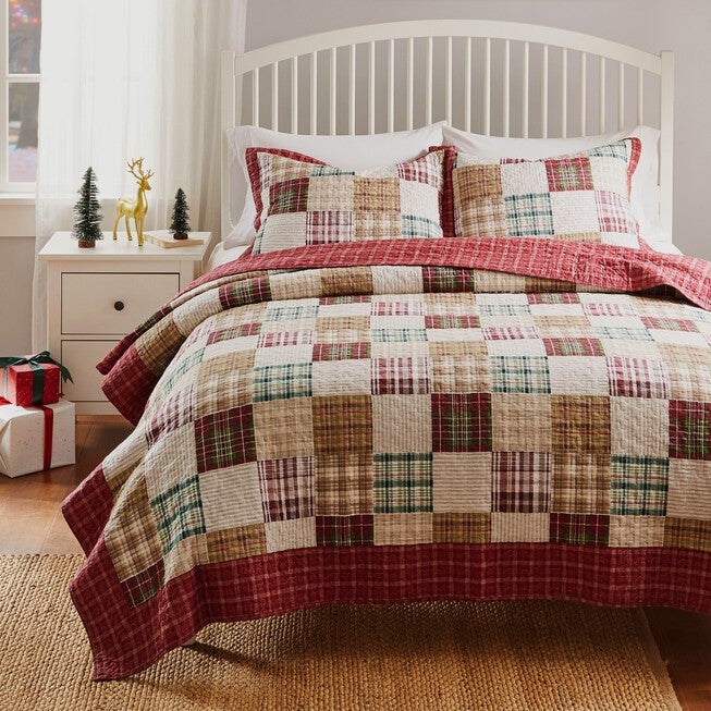 Oxford Cotton Patchwork Quilt Set, Red, 3-Piece King, RED, hi-res image number null