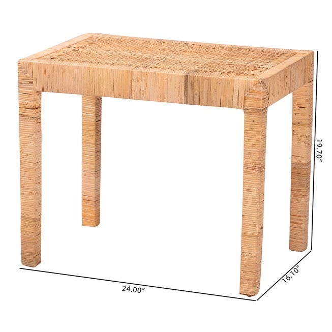 Abelia Modern Bohemian Natural Rattan And Mahogany Wood Short Accent Bench, , alternate image number null