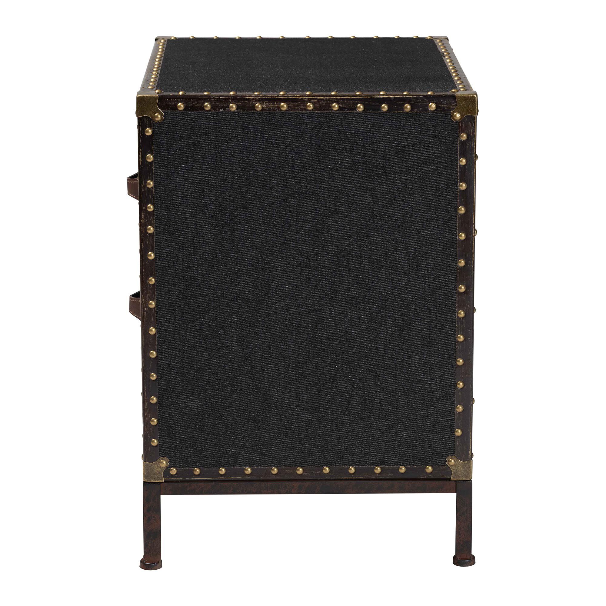 side view of black canvas end table trunk with metal trim