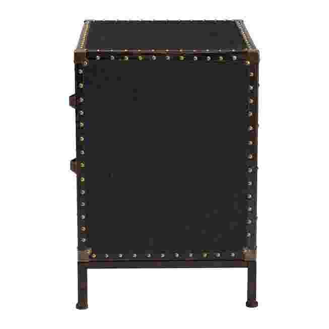 side view of black canvas end table trunk with metal trim