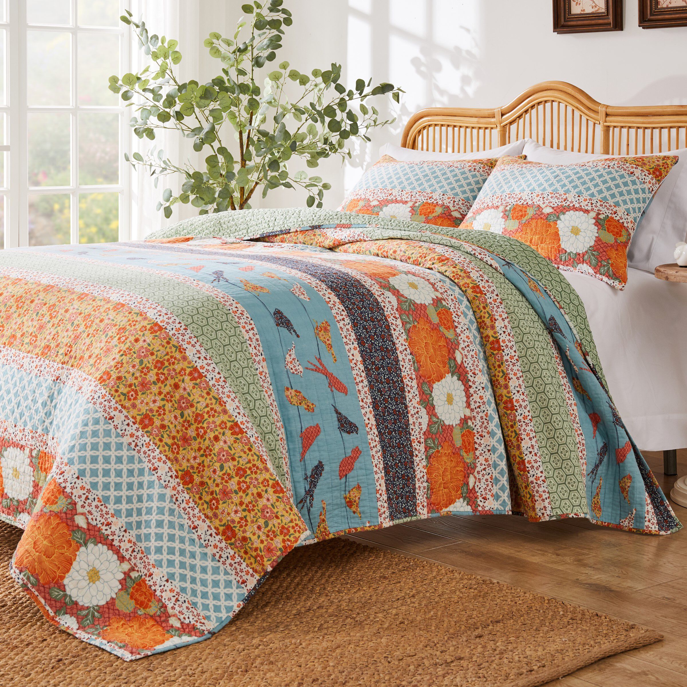 Carlie Calico Patchwork Cotton Quilt Set, CALICO STRIPE, hi-res image number 0
