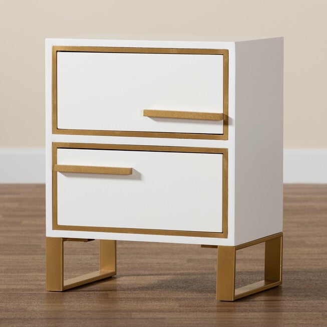 Giolla Contemporary Glam And Luxe White Finished Wood And Gold Metal 2-Drawer Nightstand, , alternate image number null