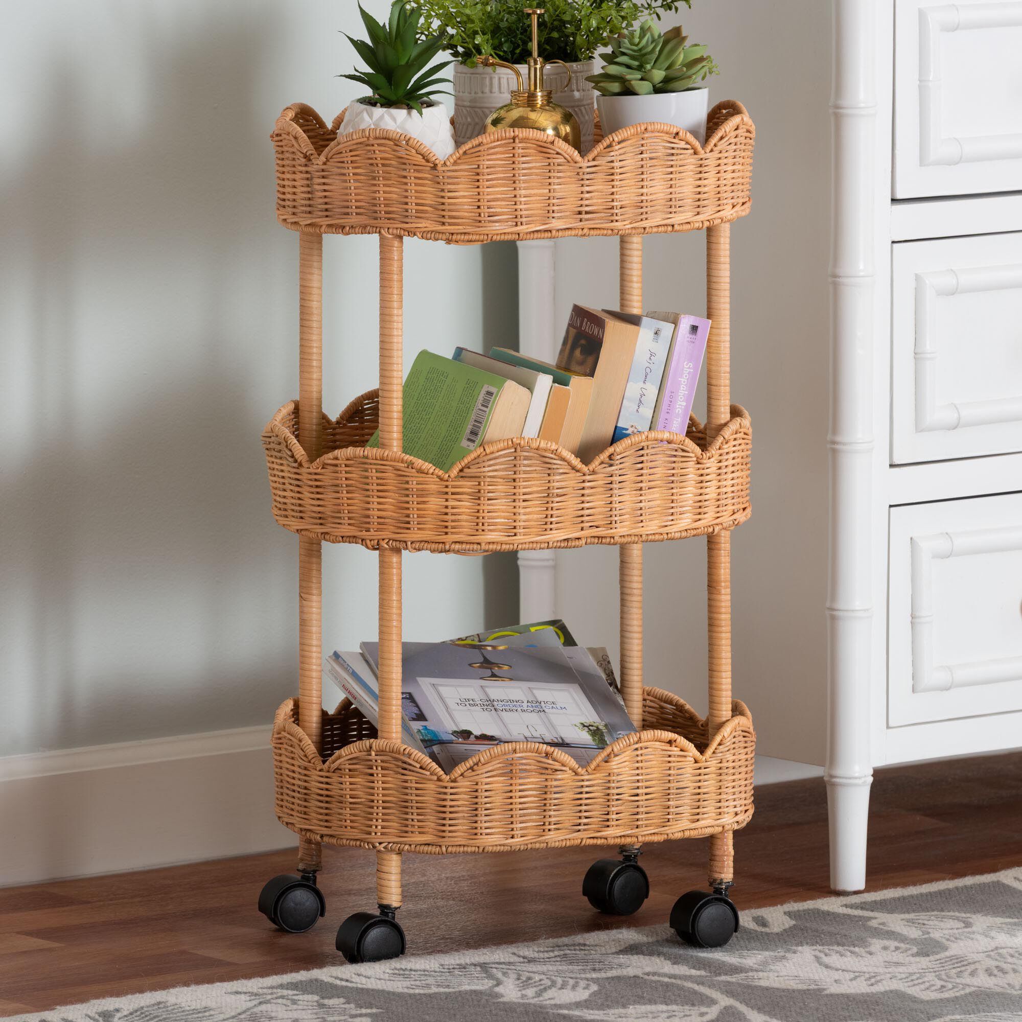 Bulana Natural Rattan 3-Tier Rolling Storage Cart