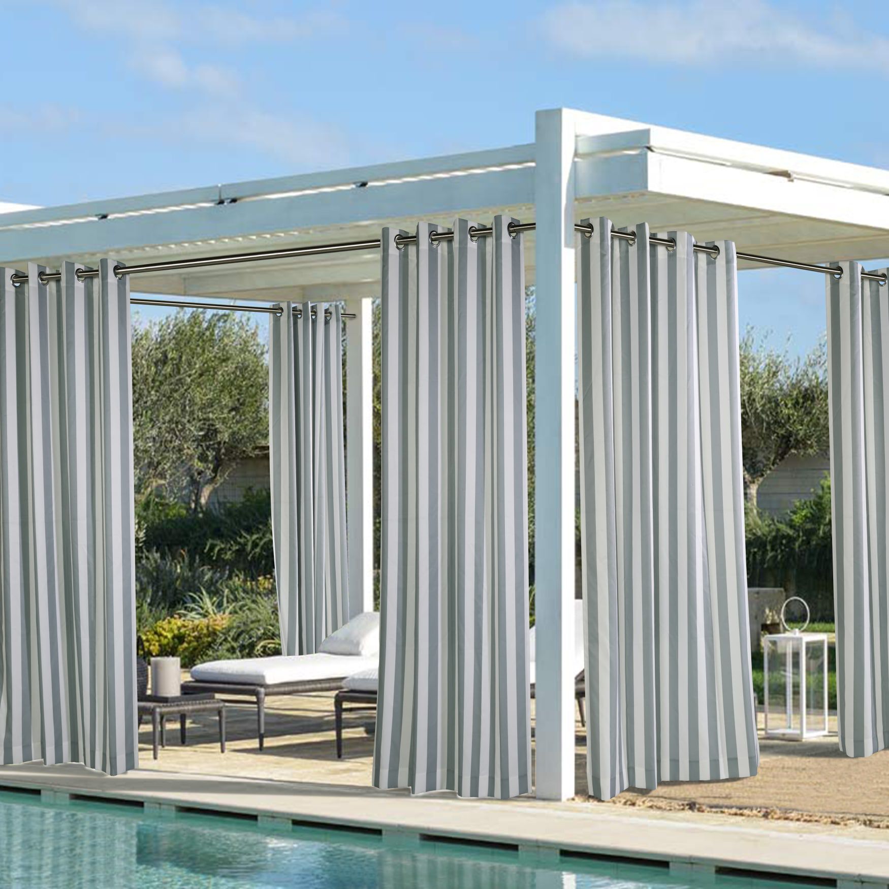Outdoor Decor Coastal Stripe Outdoor Single Grommet Curtain Panel, GREY, hi-res image number 0