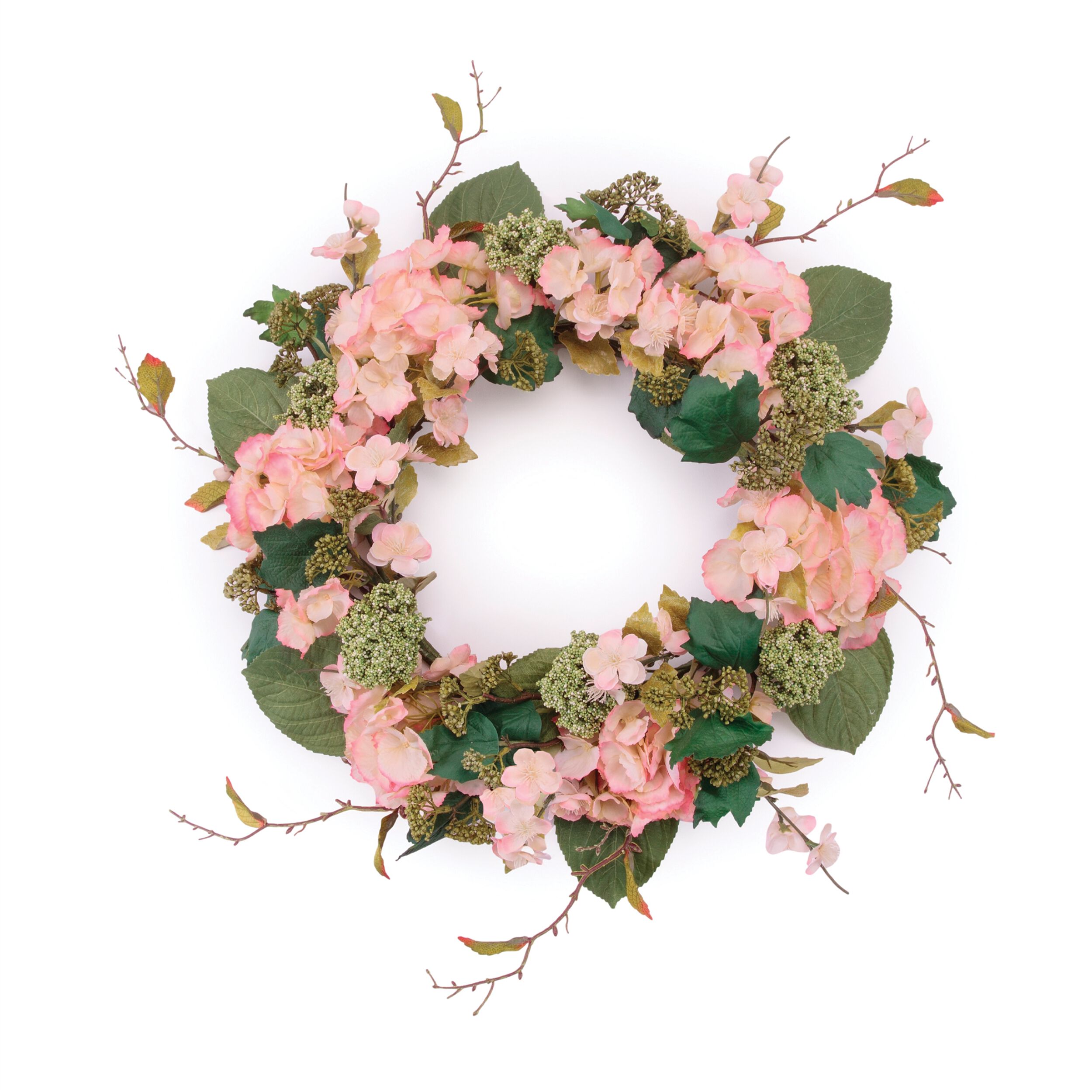 Hydrangea and Seedum Floral Wreath 32IND, PINK GREEN, hi-res image number 0