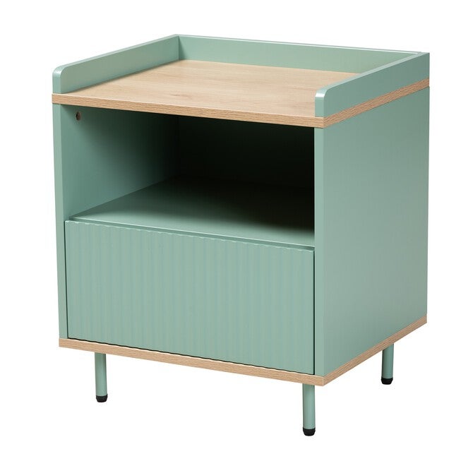 Tavita Mid-Century Modern Two-Tone Mint Green And Oak Brown Finished Wood 1-Drawer End Table, BROWN MINT GREEN, hi-res image number null