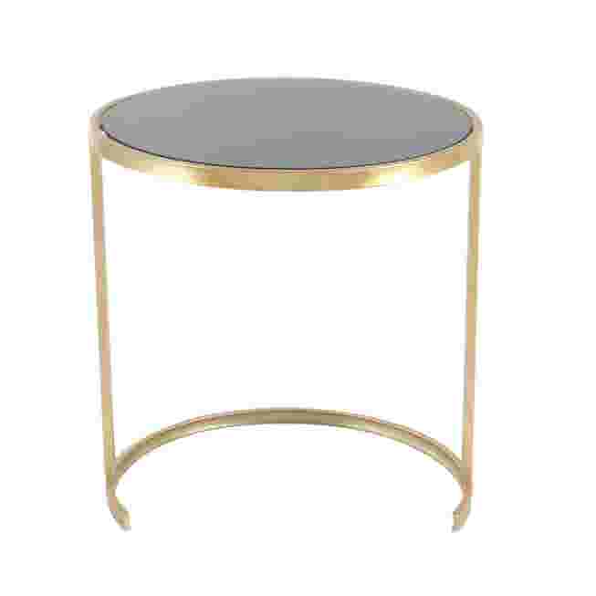 Gold metal accent table with a black top.