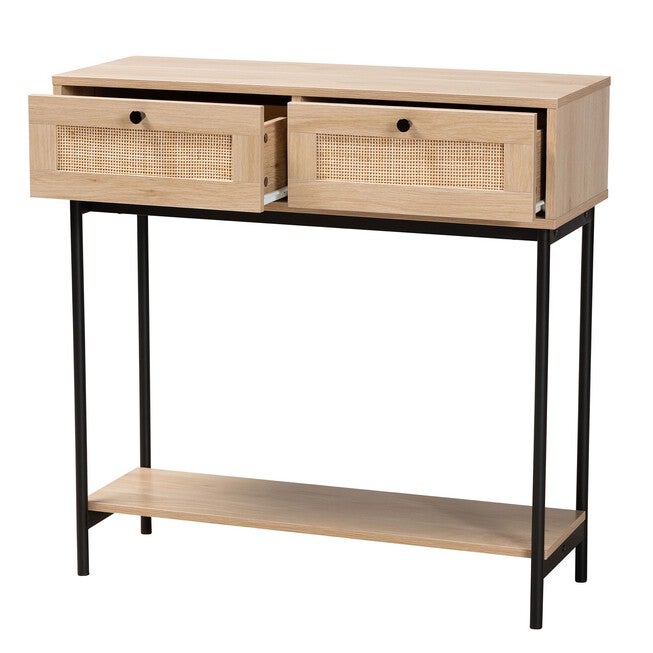 Sherwin Mid-Century Modern Light Brown And Black 2-Drawer Console Table With Woven Rattan Accent, , on-hover image number 1