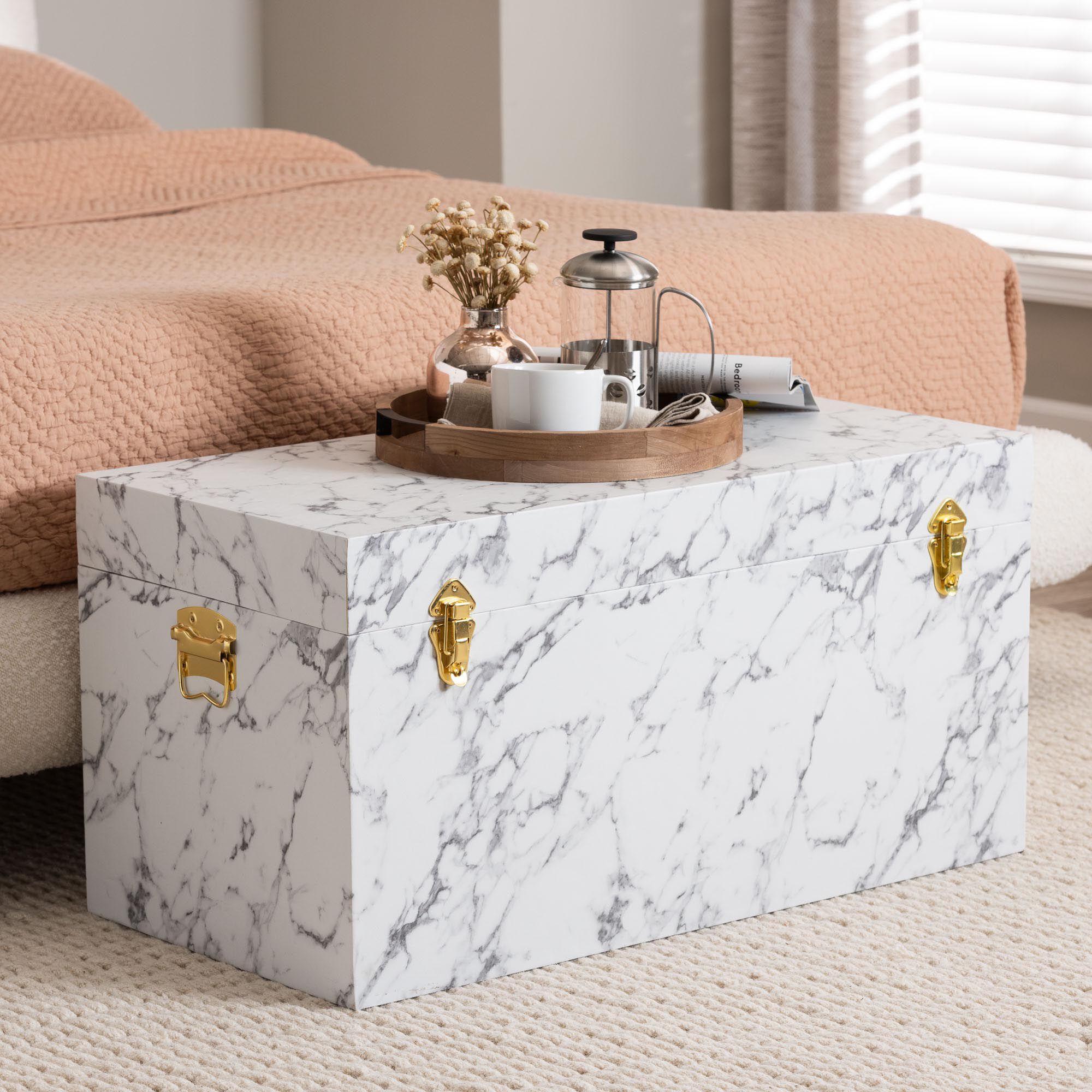 Brenta Storage Trunk with Lift-Top Lid - Decorative Organizer Chest with Faux Marble Effect, MARBLE WHITE, hi-res image number 0