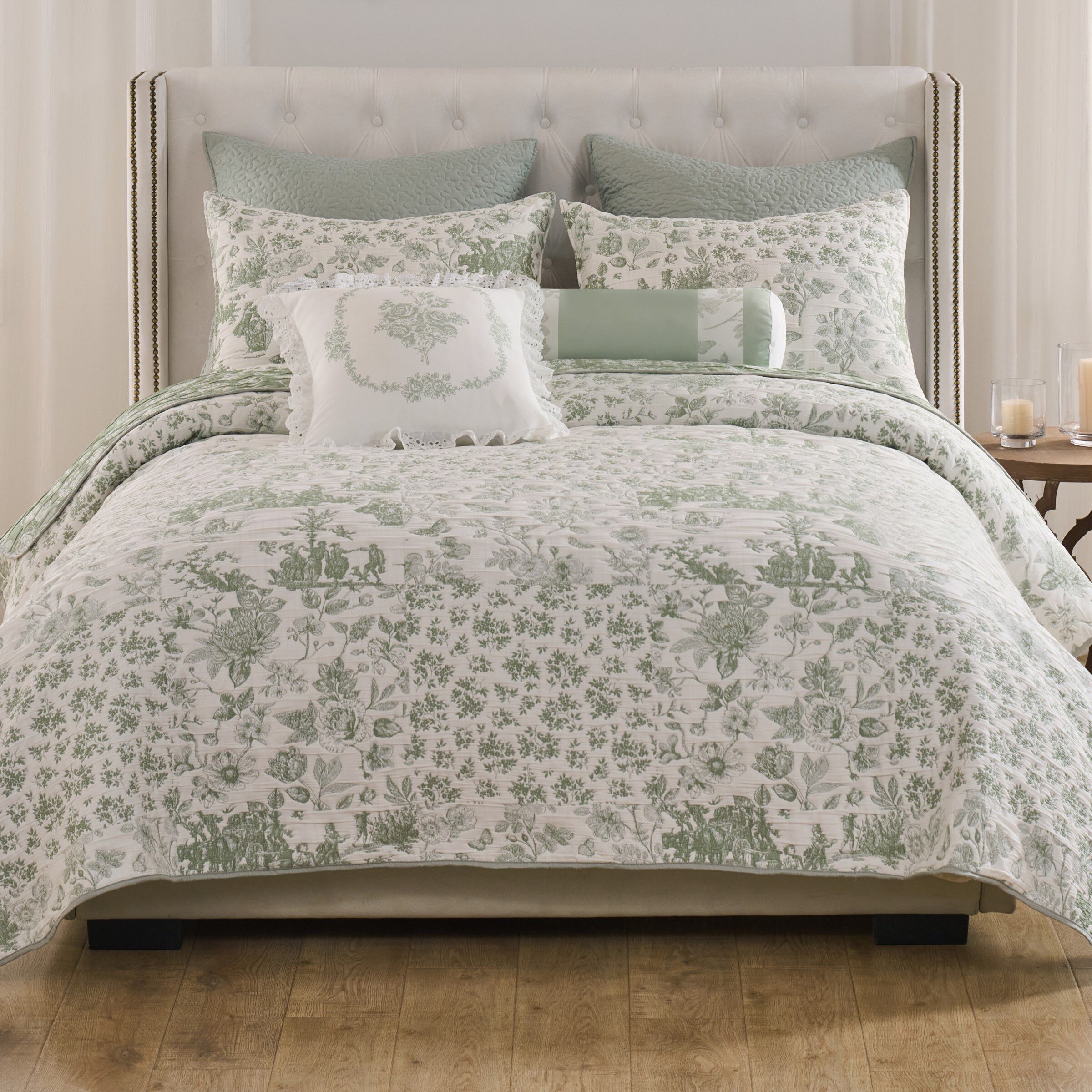 Patchwork Toile Classic Floral Coverlet Set, SAGE, hi-res image number 0