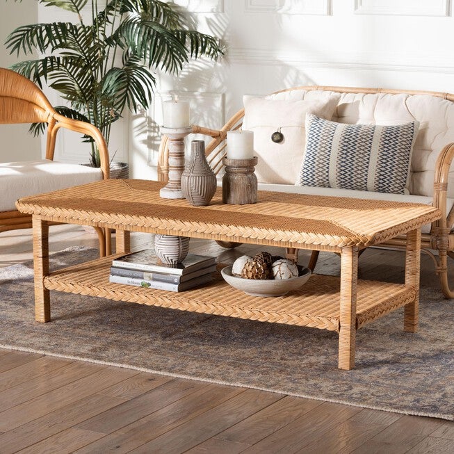 Minahasa Bohemian Light Honey Braided Rattan Coffee Table, LIGHT, alternate image number null