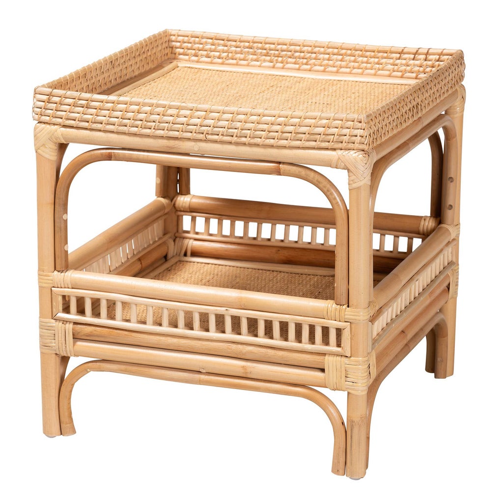 Natural rattan end table corner view with woven top and open lower shelf