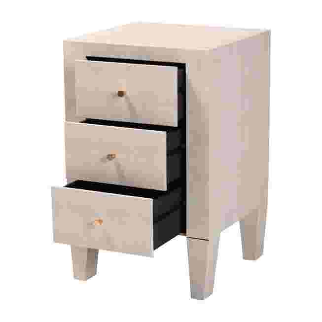 Beige faux shagreen end table with one drawer open, showing interior storage.