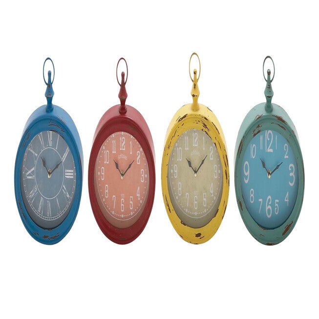 Set Of 4 Multi Colored Metal Vintage Wall Clock, MULTI, hi-res image number null