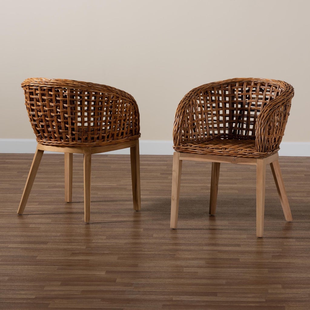 Two woven chairs in a room with wooden floor