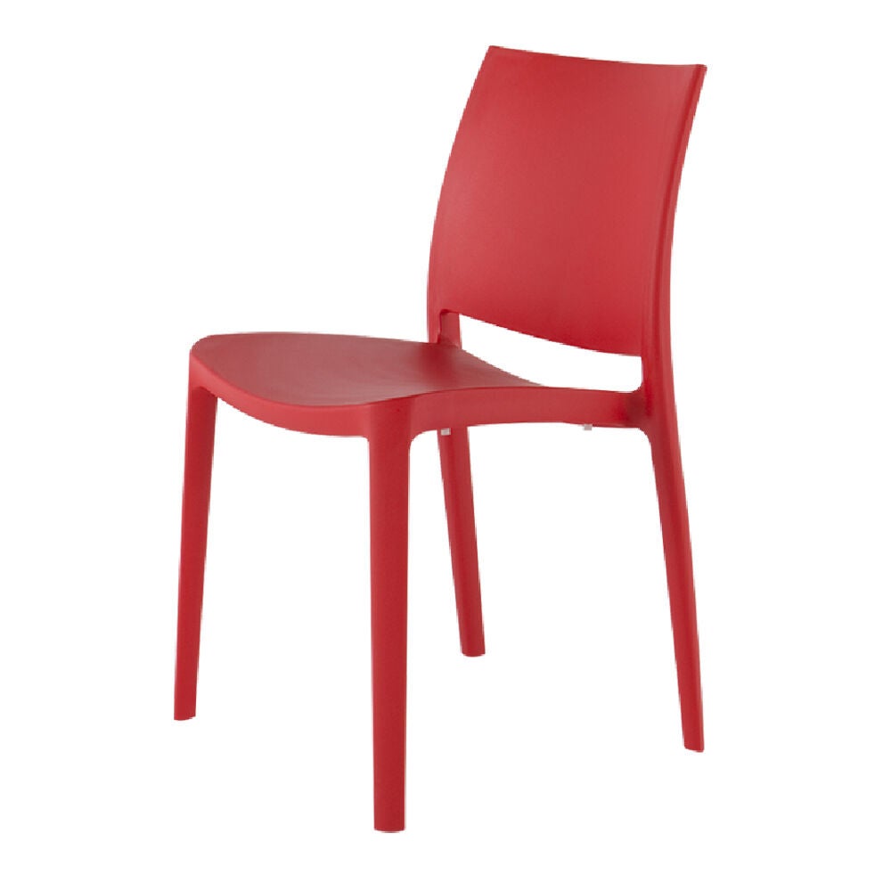 Red stackable outdoor dining chair in side view