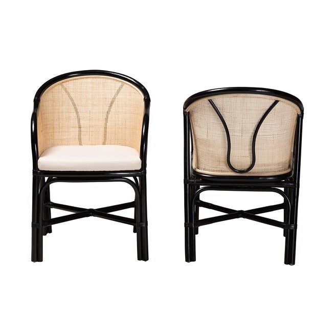 Miranda Modern Bohemian Two-Tone Black And Natural Brown Rattan 2-Piece Dining Chair Set, , on-hover image number null