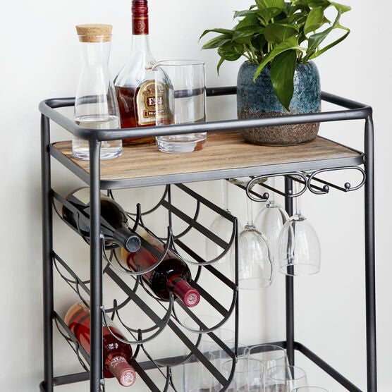 Brown Chinese Fir and Metal Industrial Bar Cart, 30x20x15, , alternate image number null