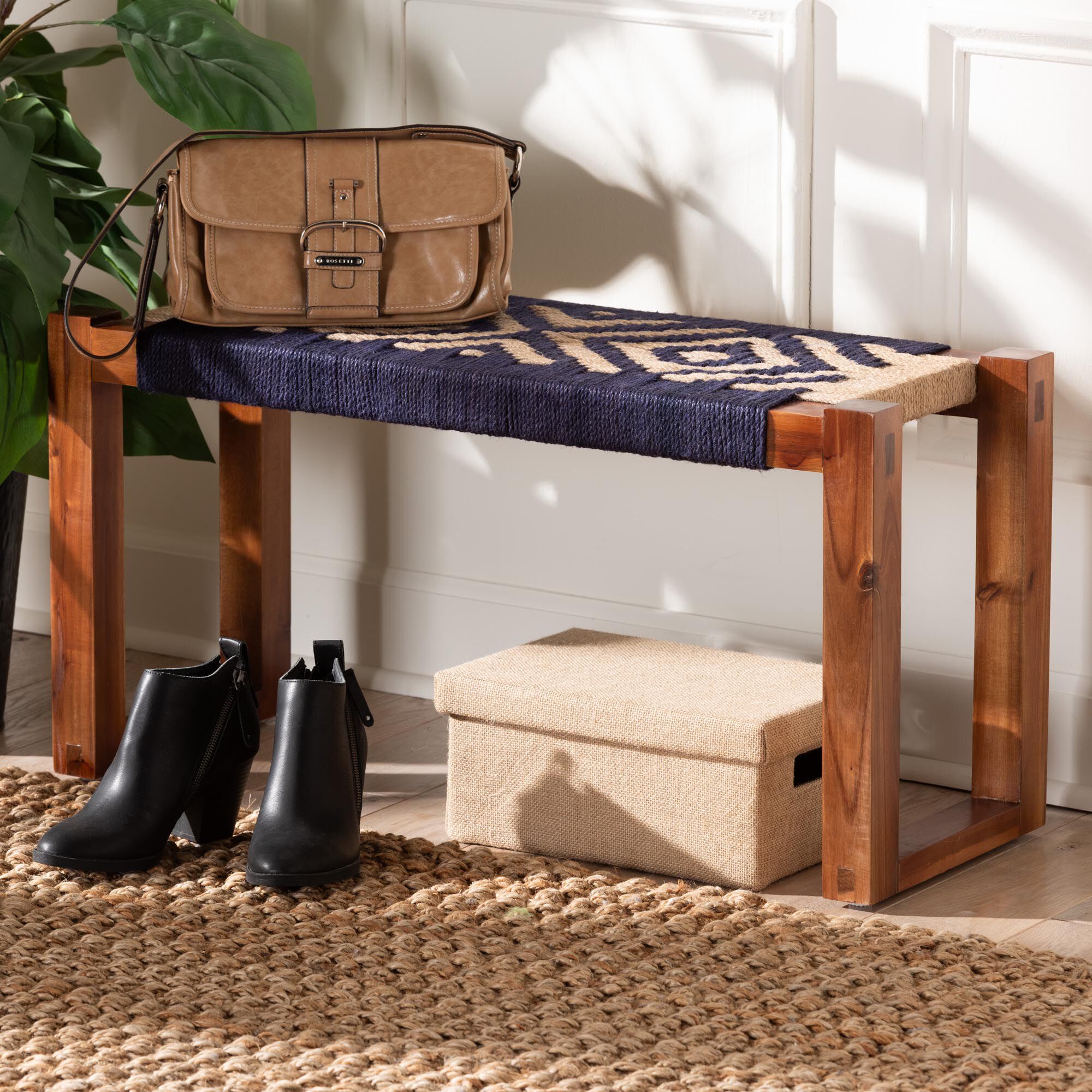 Prunella Modern Bohemian Two-Tone Navy Blue and Natural Brown Seagrass and Acacia Wood Accent Bench, BLUE, hi-res image number 0