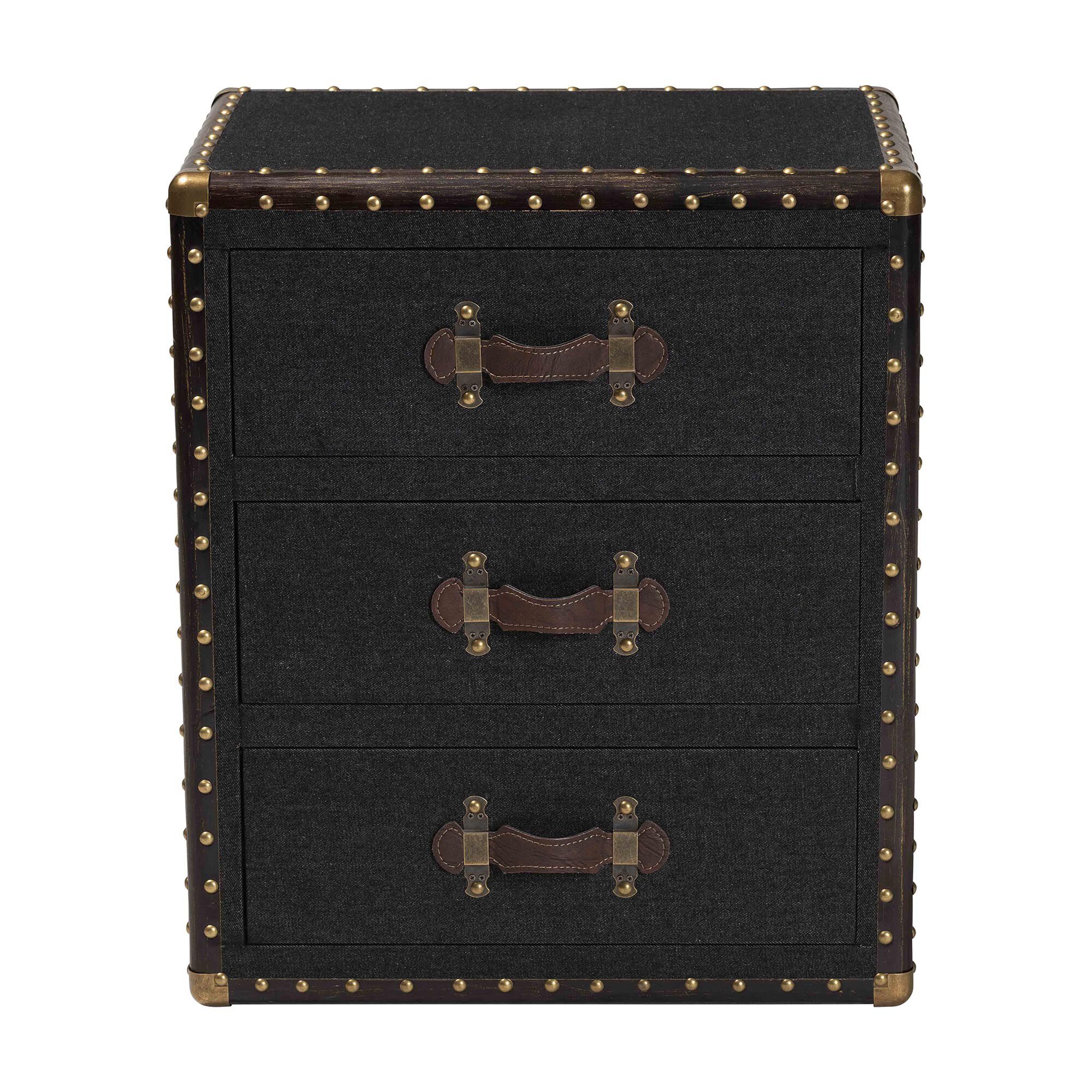 Front view of black canvas end table with three drawers