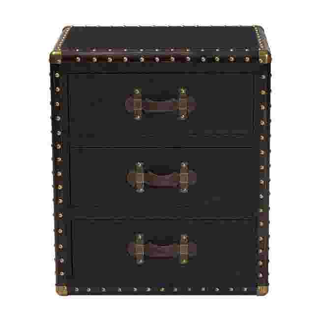 Front view of black canvas end table with three drawers
