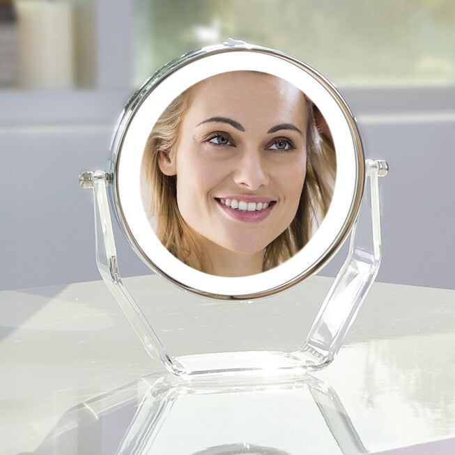Two-Sided LED Lighted Vanity Swivel Mirror in Acrylic Base, 8X/1X, , alternate image number null