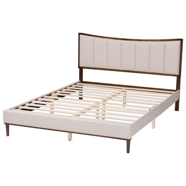 Nikolai Mid-Century Channel Tufted Beige Fabric and Wenge Brown Wood Queen Bed, BEIGE/WENG, alternate image number null